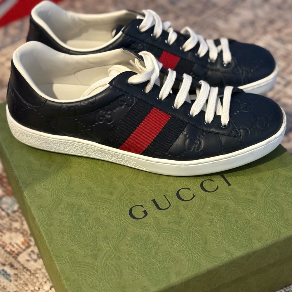 Gucci Ace Web GG Monogram Low Top Sneakers Blue Leather SZ 5